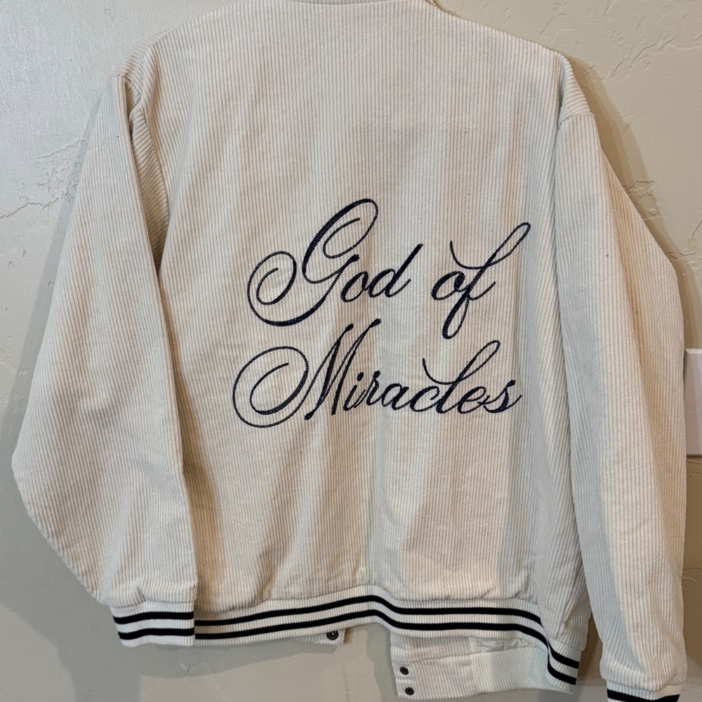 White Corduroy Jacket with Embroidered Text